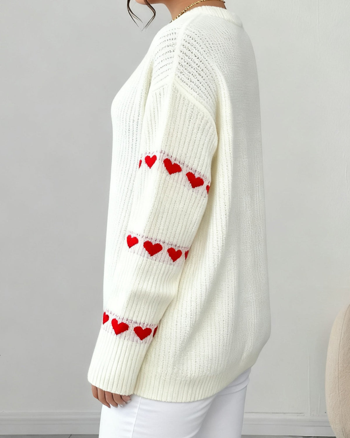 Heart Jacquard Ribbed Drop Shoulder Knit Sweater - White - 2