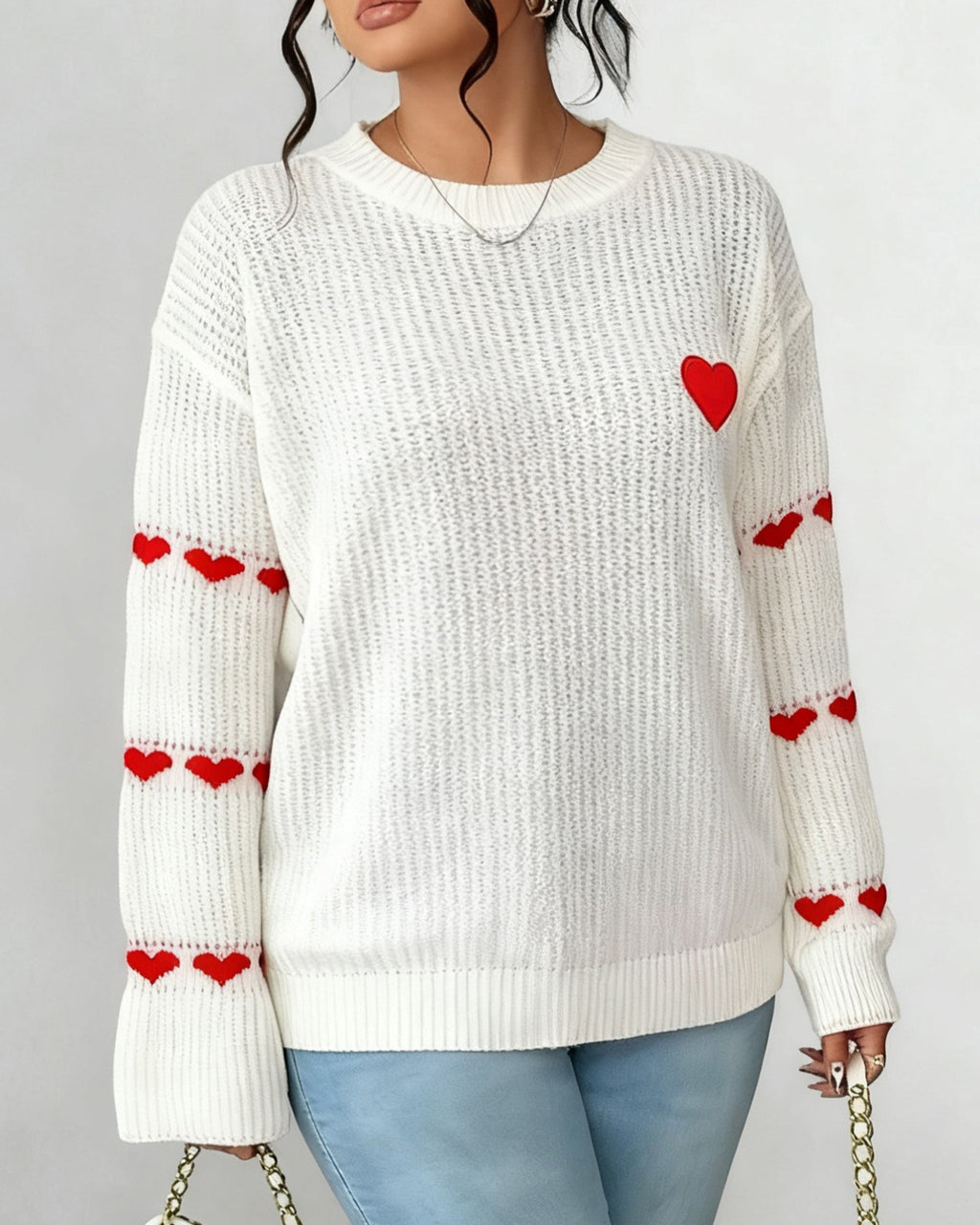 Heart Jacquard Ribbed Drop Shoulder Knit Sweater - White - 3