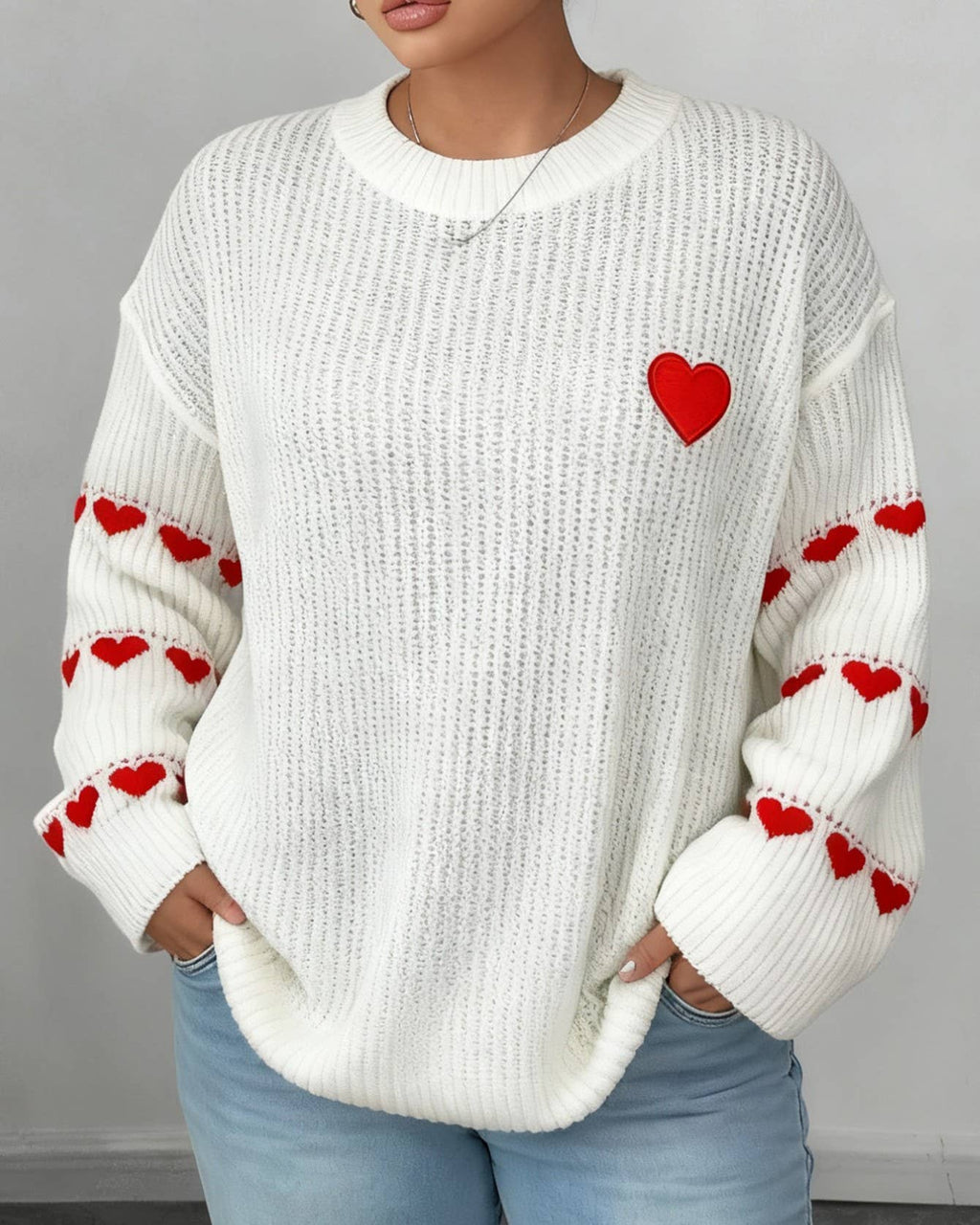 Heart Jacquard Ribbed Drop Shoulder Knit Sweater