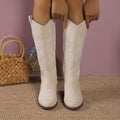 Embroidered Western Knee High Cowboy Boots - Cream