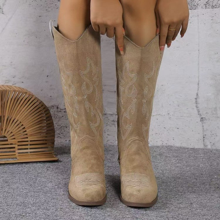 Embroidered Western Knee High Cowboy Boots - Khaki