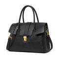 Leather Flap Satchel Bag with Push Lock - Black