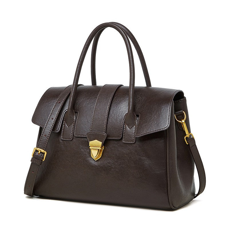 Leather Flap Satchel Bag with Push Lock - Chocolate