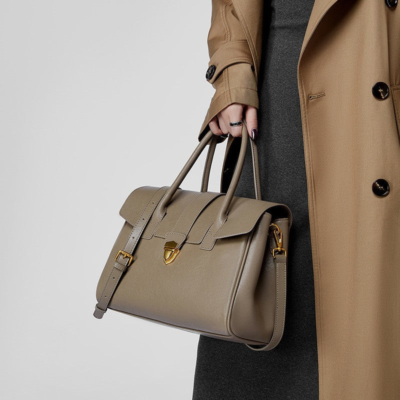 Leather Flap Satchel Bag with Push Lock