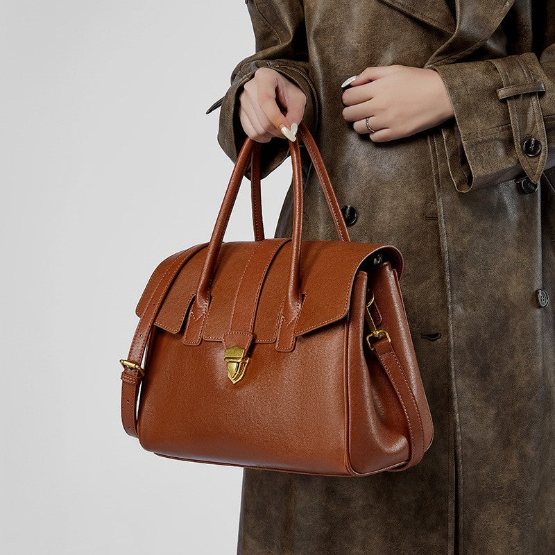 Leather Flap Satchel Bag with Push Lock