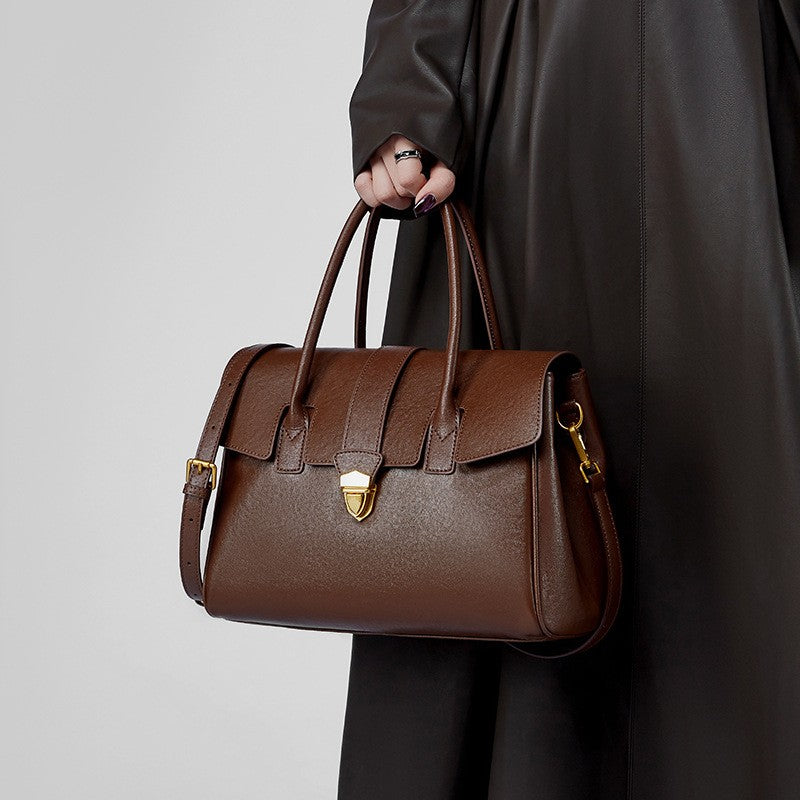 Leather Flap Satchel Bag with Push Lock