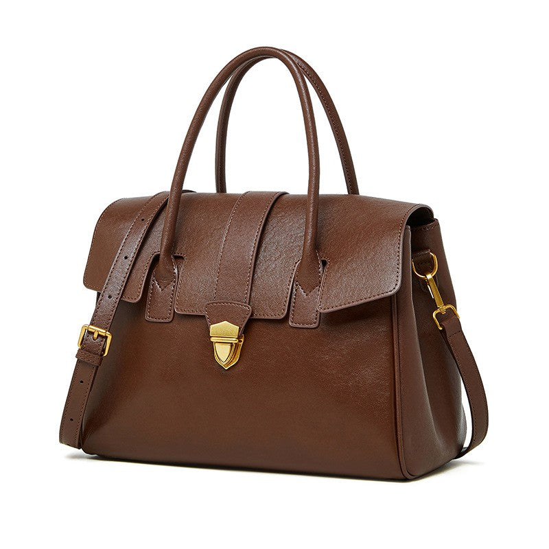 Leather Flap Satchel Bag with Push Lock