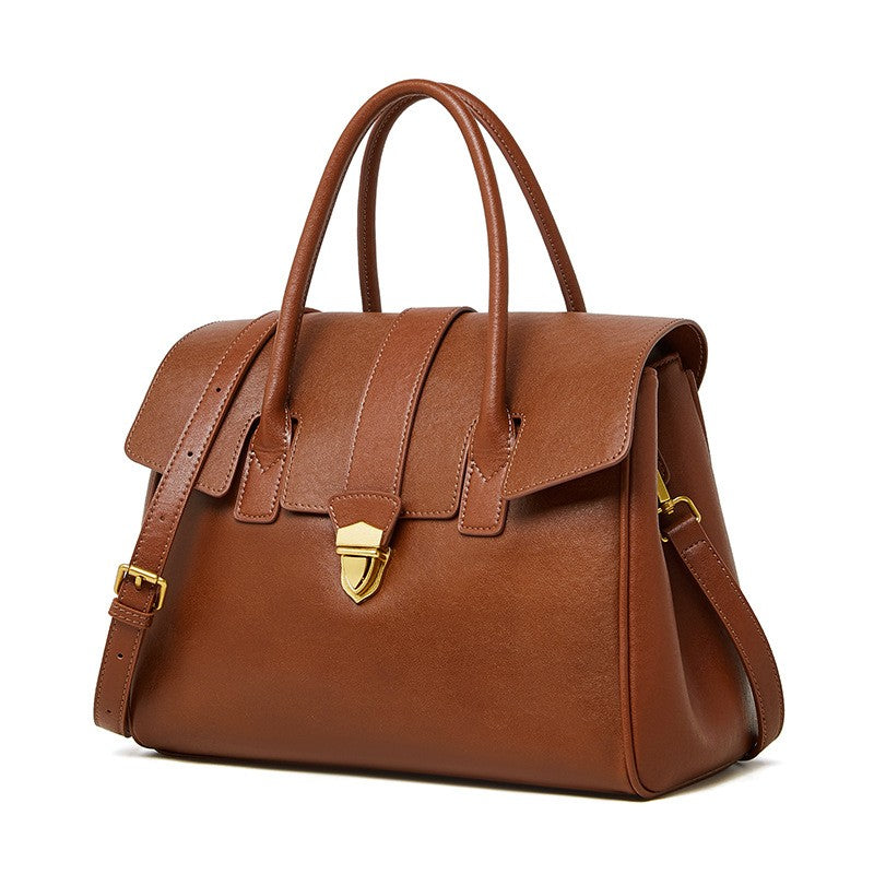 Leather Flap Satchel Bag with Push Lock