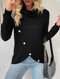 Cowl Neck Asymmetric Button Hem Ribbed Top - Black