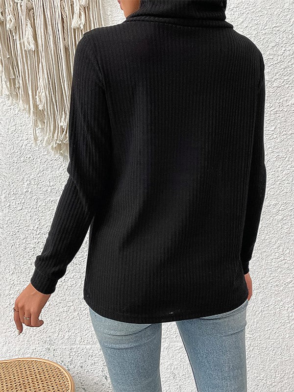 Cowl Neck Asymmetric Button Hem Ribbed Top - Black - 1