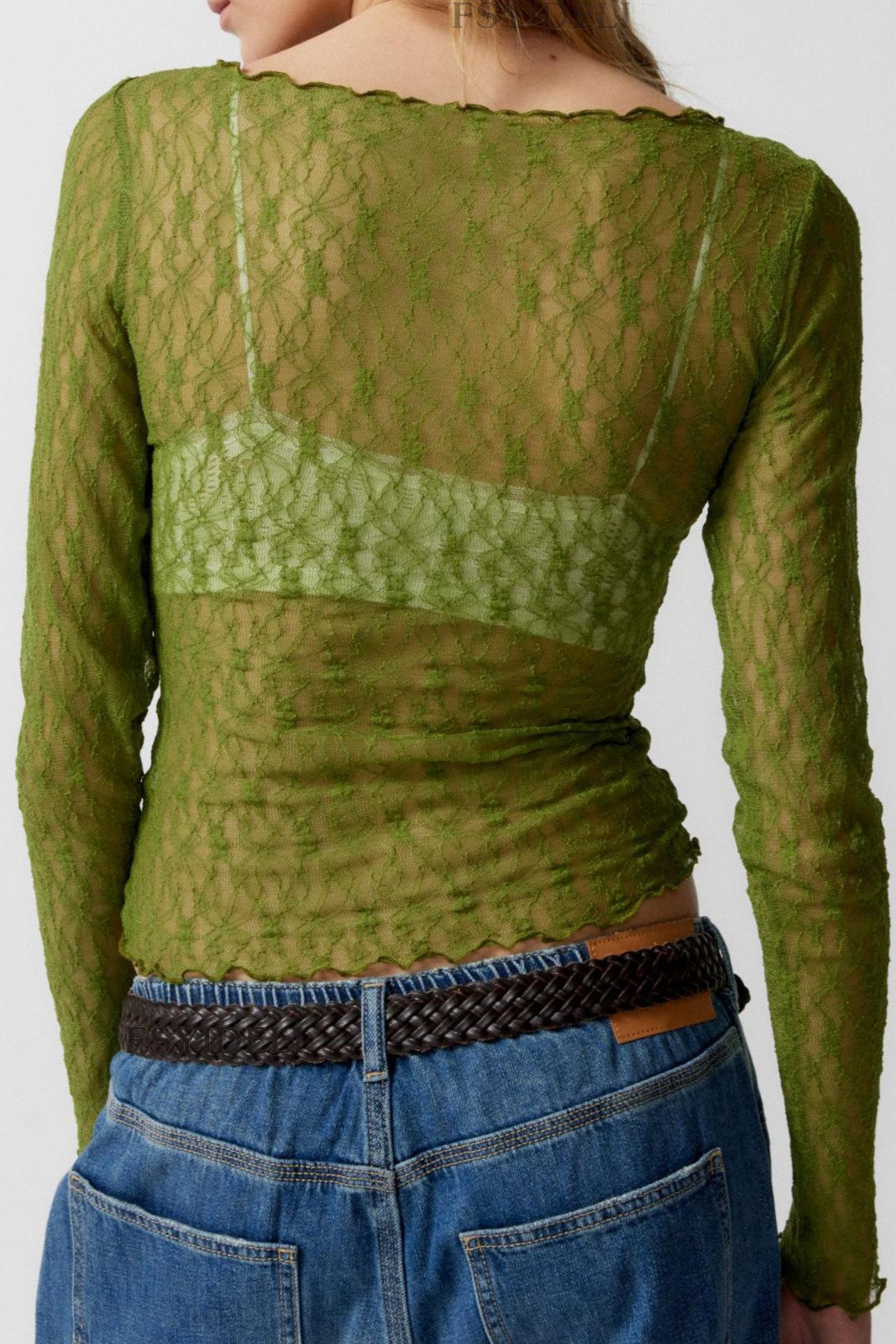 Boat Neck Stretch Lace Fitted Top - Olive - 2