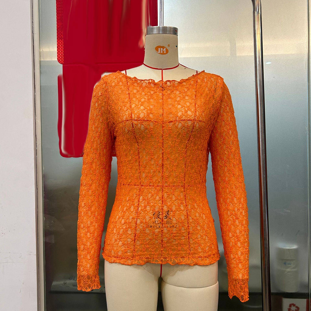 Boat Neck Stretch Lace Fitted Top - Orange