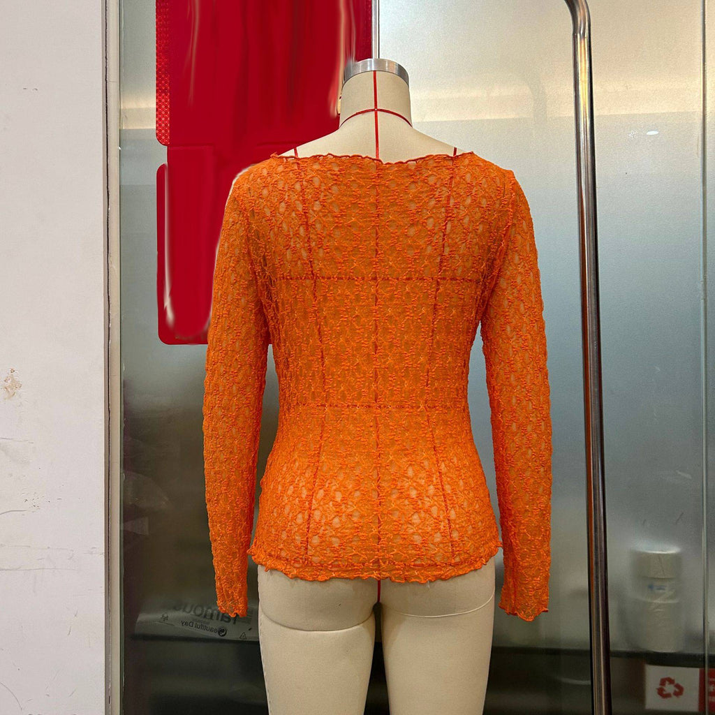 Boat Neck Stretch Lace Fitted Top - Orange - 1