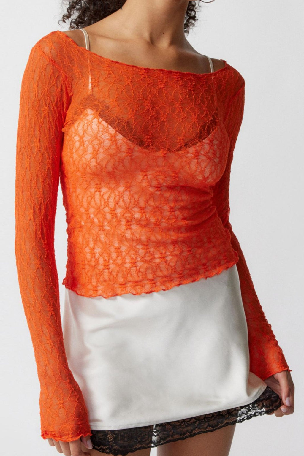 Boat Neck Stretch Lace Fitted Top - Orange - 2