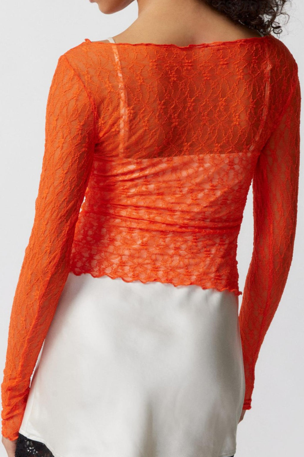 Boat Neck Stretch Lace Fitted Top - Orange - 3