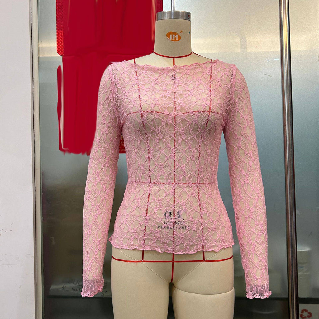 Boat Neck Stretch Lace Fitted Top - Pink