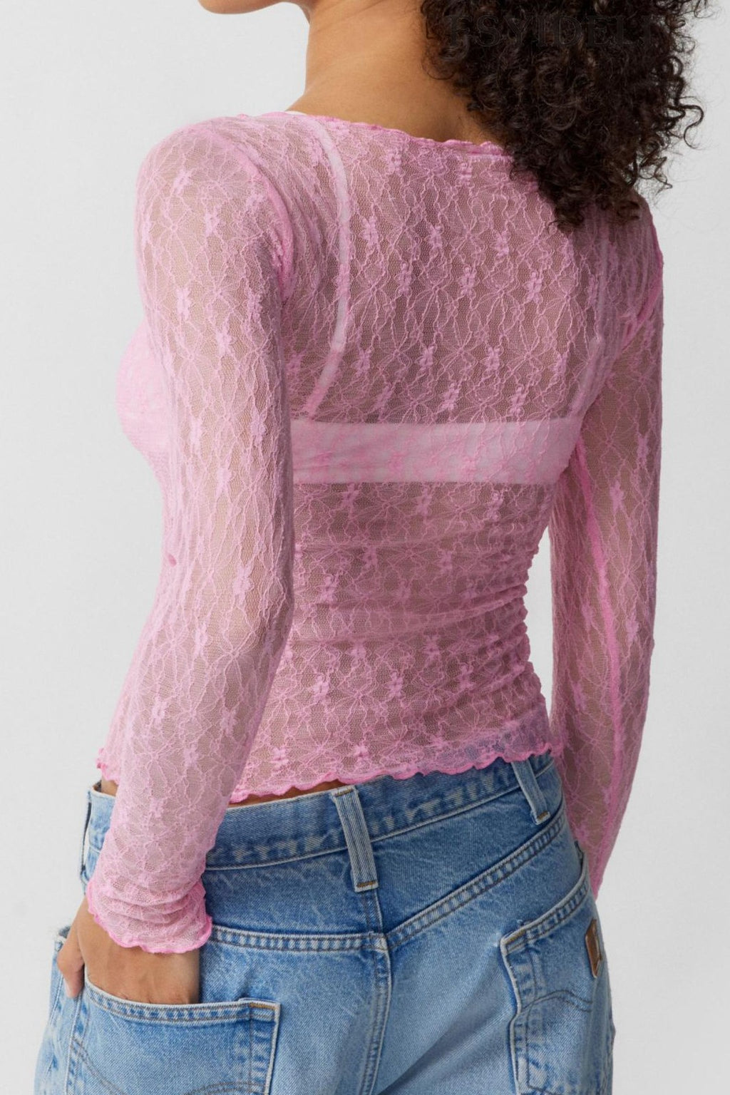 Boat Neck Stretch Lace Fitted Top - Pink - 4