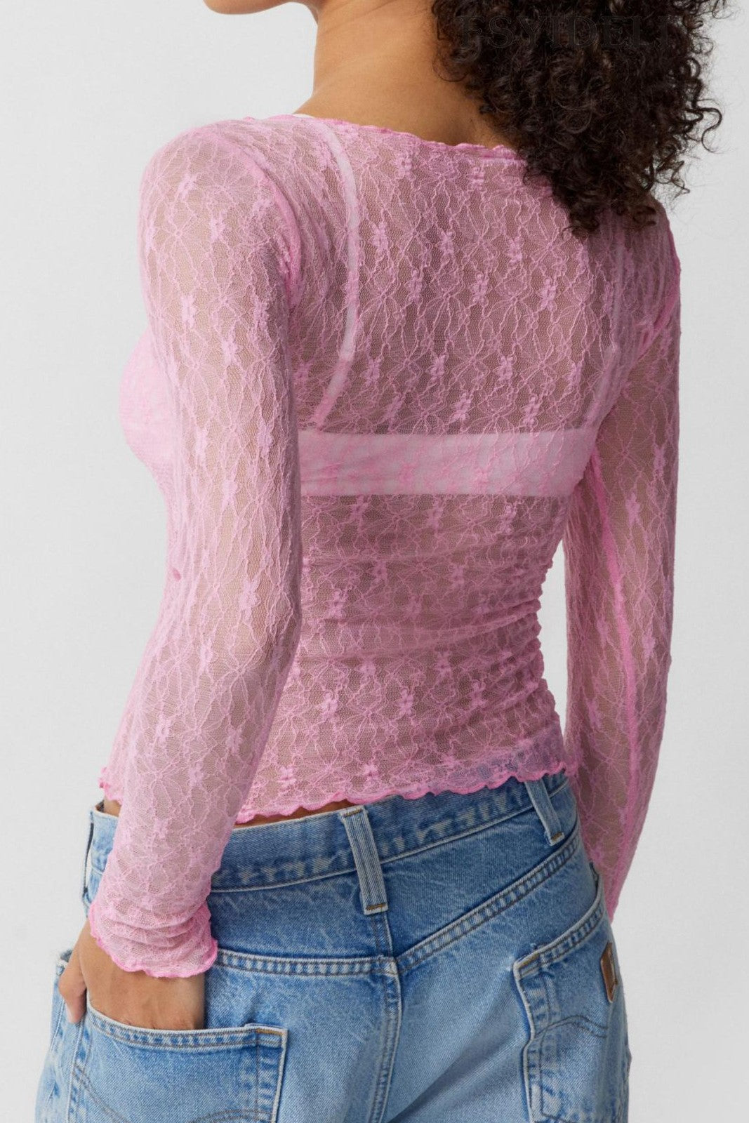 Boat Neck Stretch Lace Fitted Top - Pink - 4