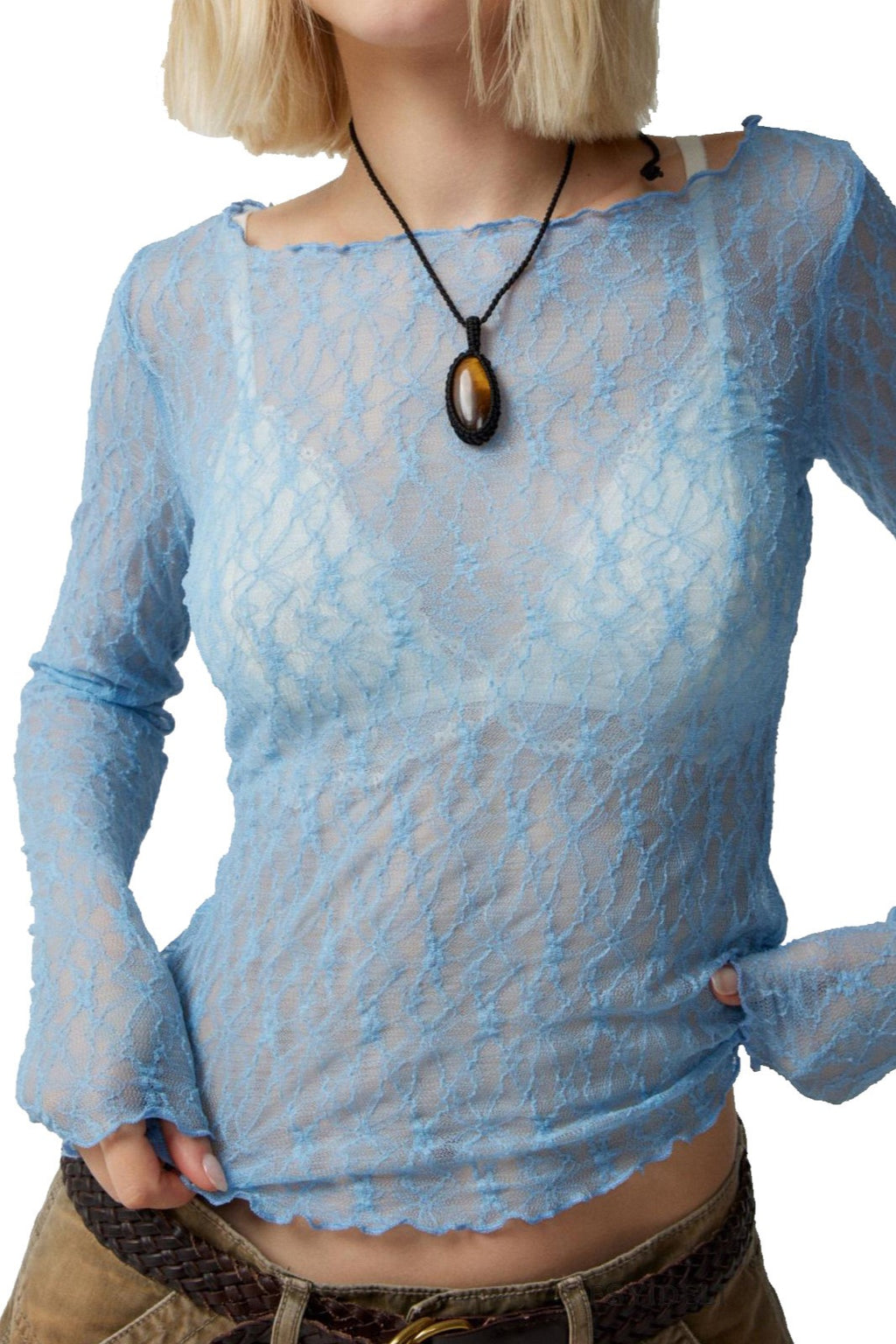 Boat Neck Stretch Lace Fitted Top - blue - 2