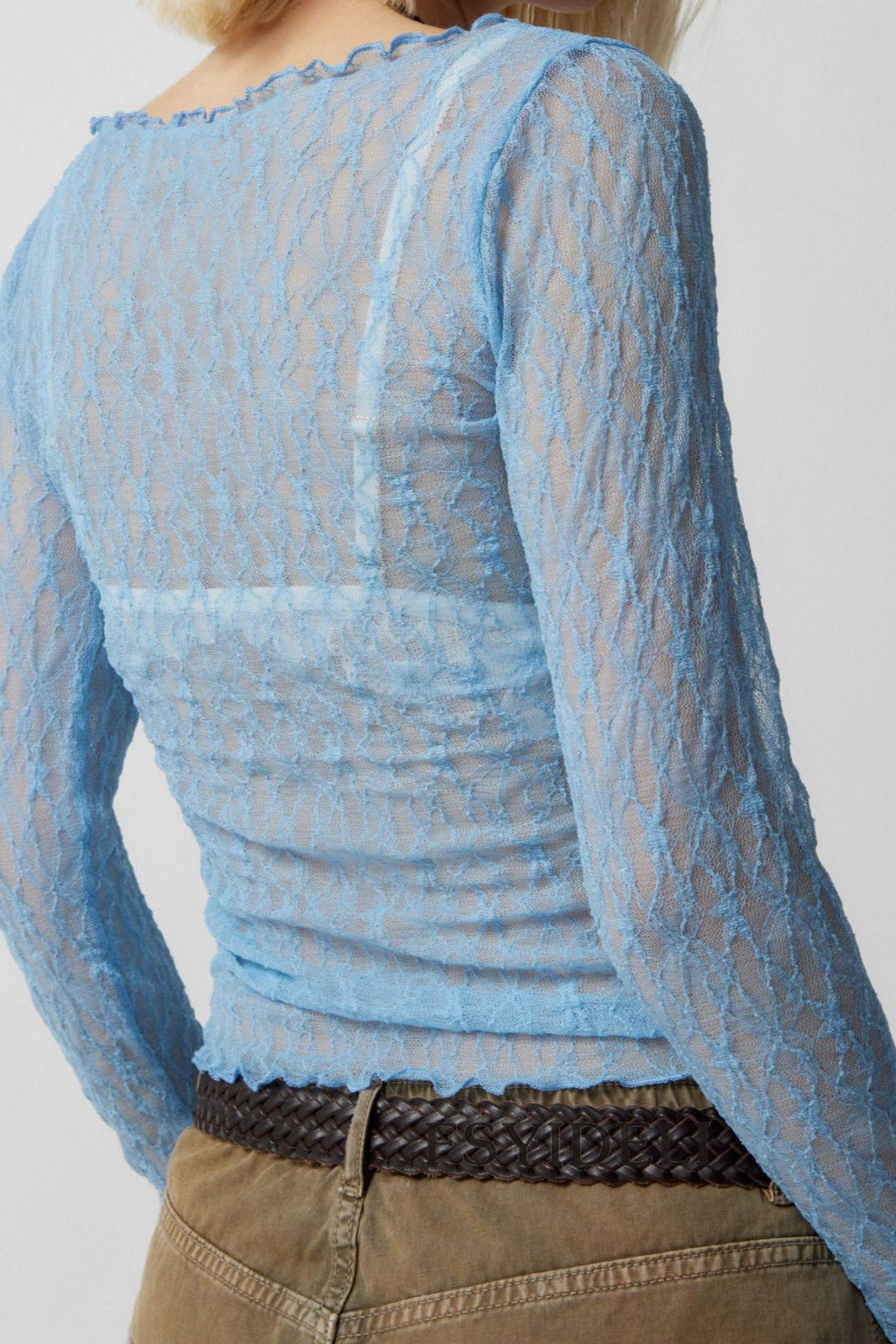 Boat Neck Stretch Lace Fitted Top - blue - 3