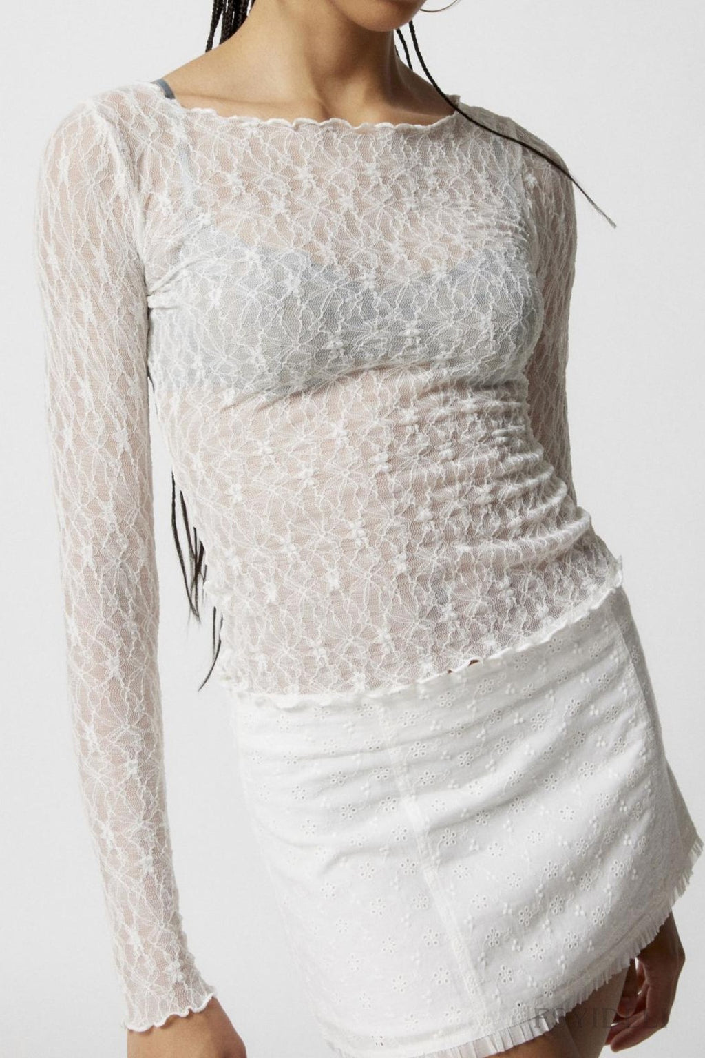 Boat Neck Stretch Lace Fitted Top - white - 1
