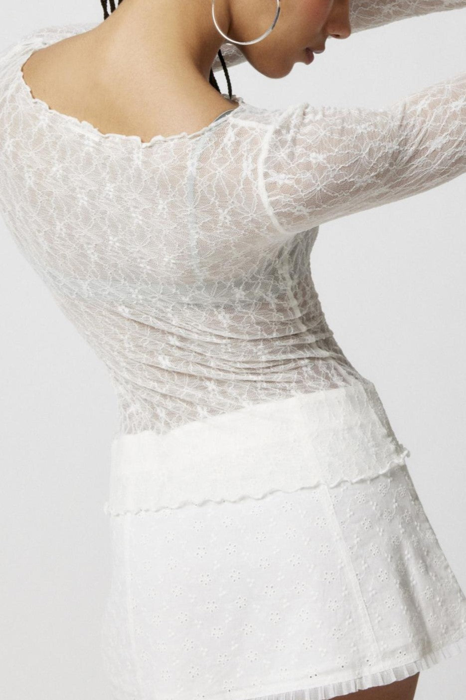 Boat Neck Stretch Lace Fitted Top - white - 2