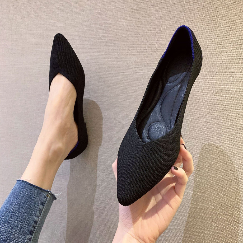 Foldable V-Cut Pointed Toe Knit Flats - Black