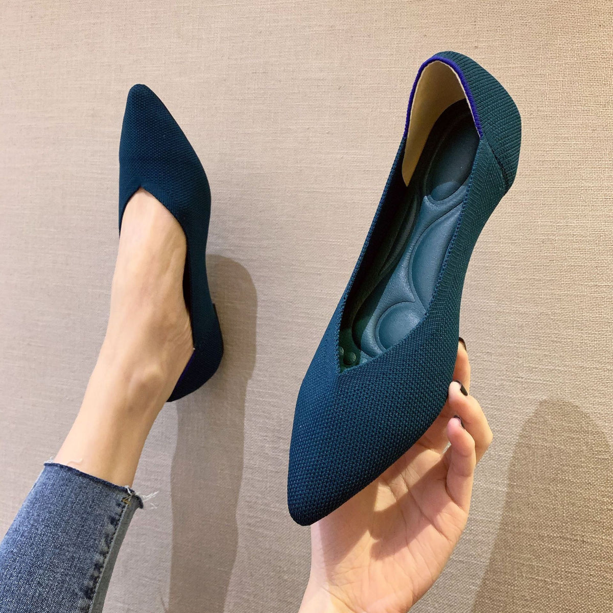 Foldable V-Cut Pointed Toe Knit Flats - Deep Teal