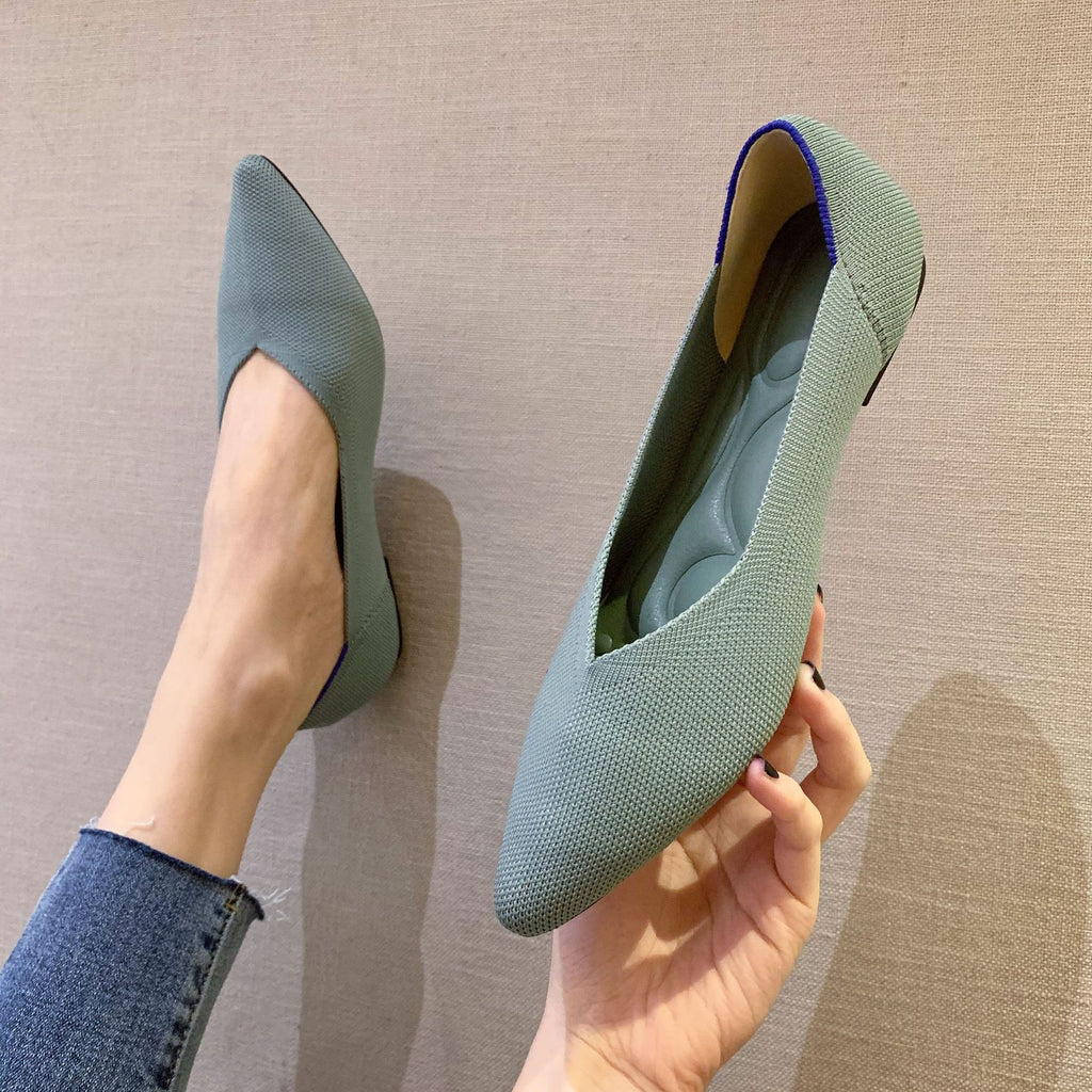 Foldable V-Cut Pointed Toe Knit Flats - Dusty Blue