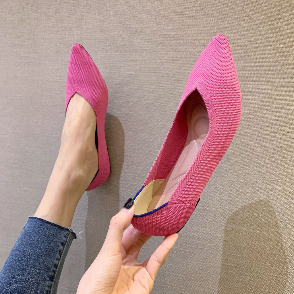 Foldable V-Cut Pointed Toe Knit Flats - Hot Pink