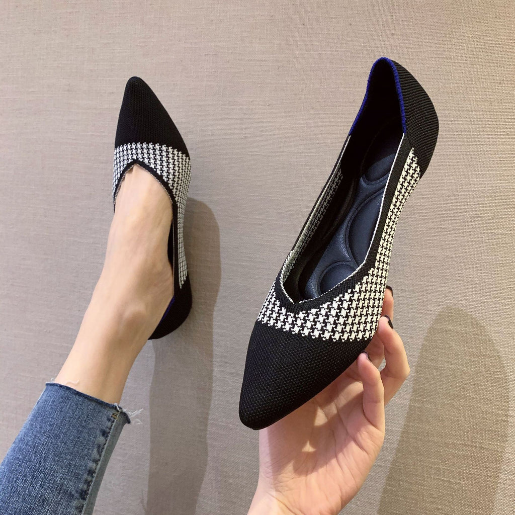 Foldable V-Cut Pointed Toe Knit Flats - Houndstooth