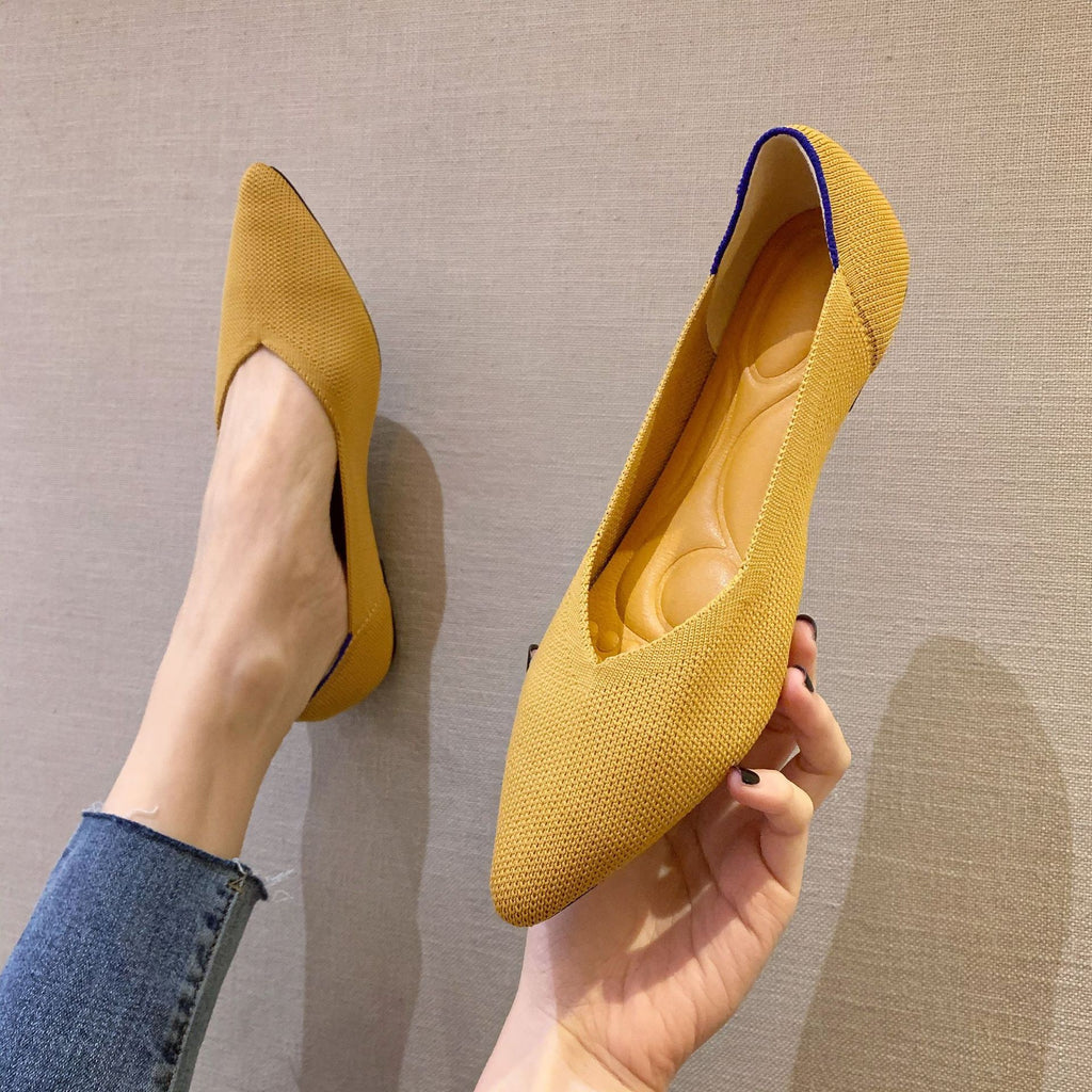 Foldable V-Cut Pointed Toe Knit Flats