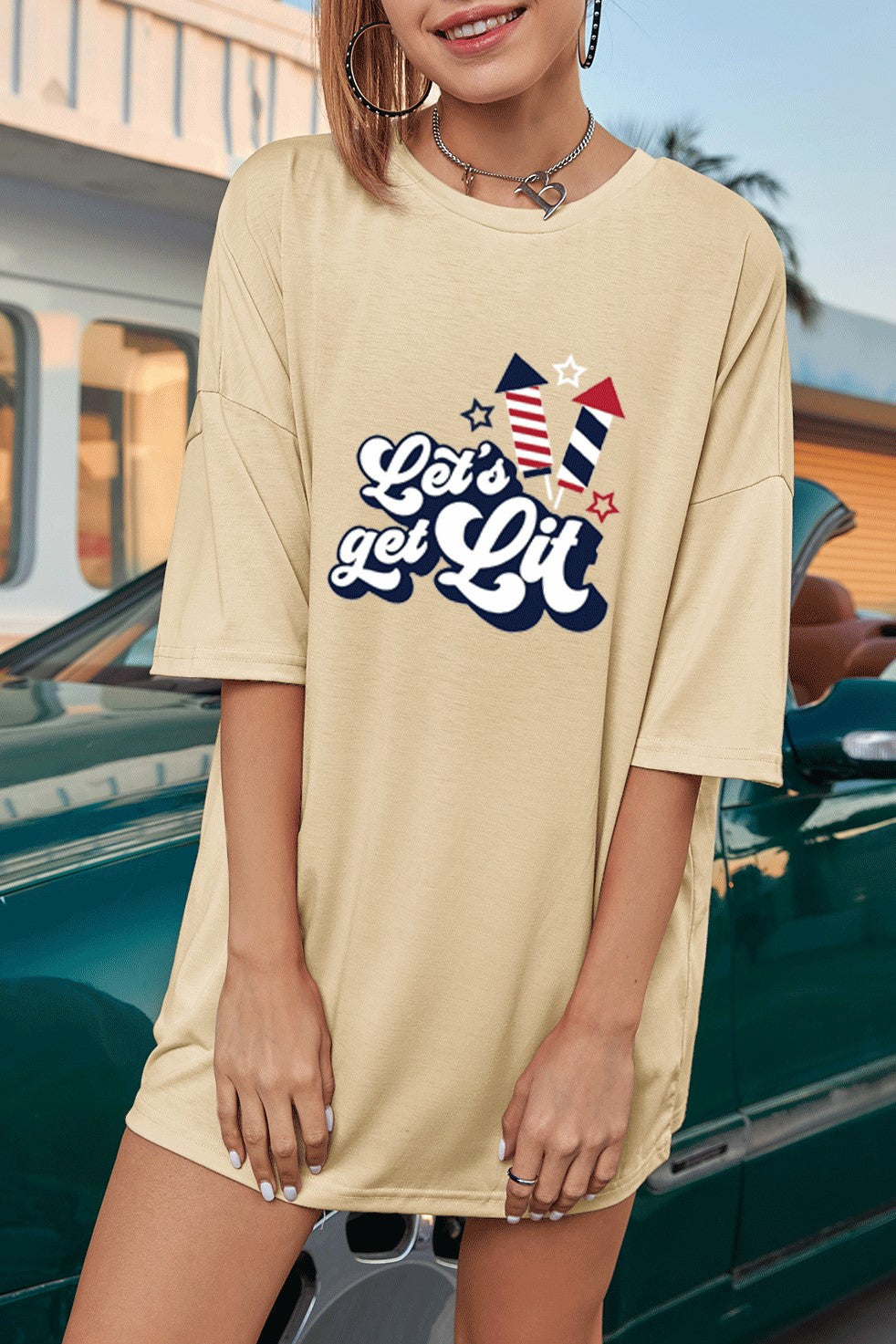 Firework Graphic Oversized Cotton Tee - Beige