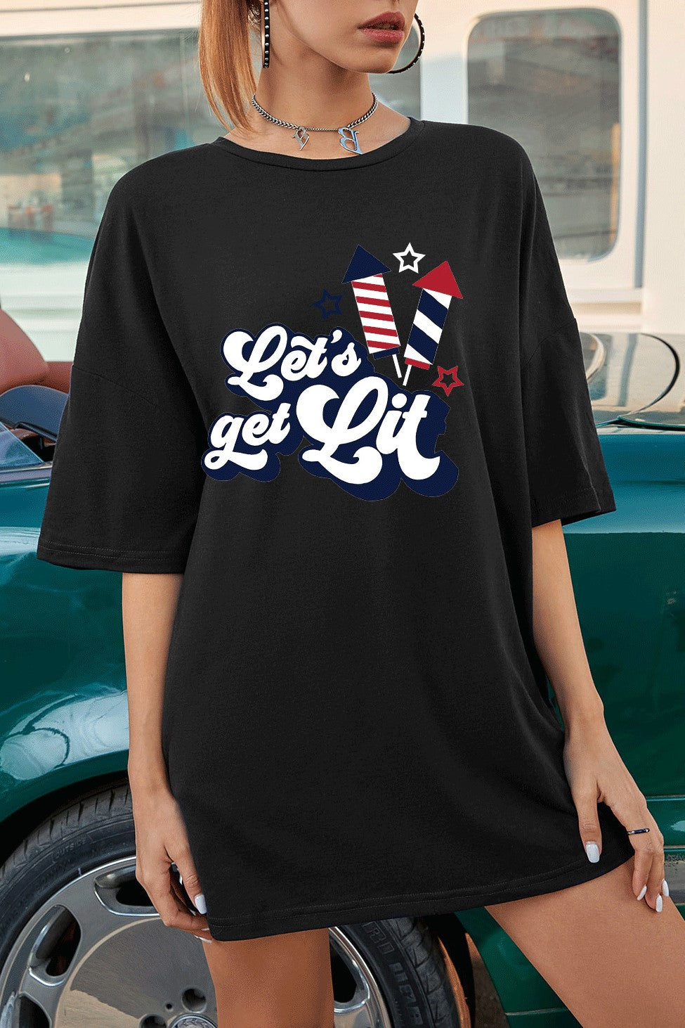 Firework Graphic Oversized Cotton Tee - Black