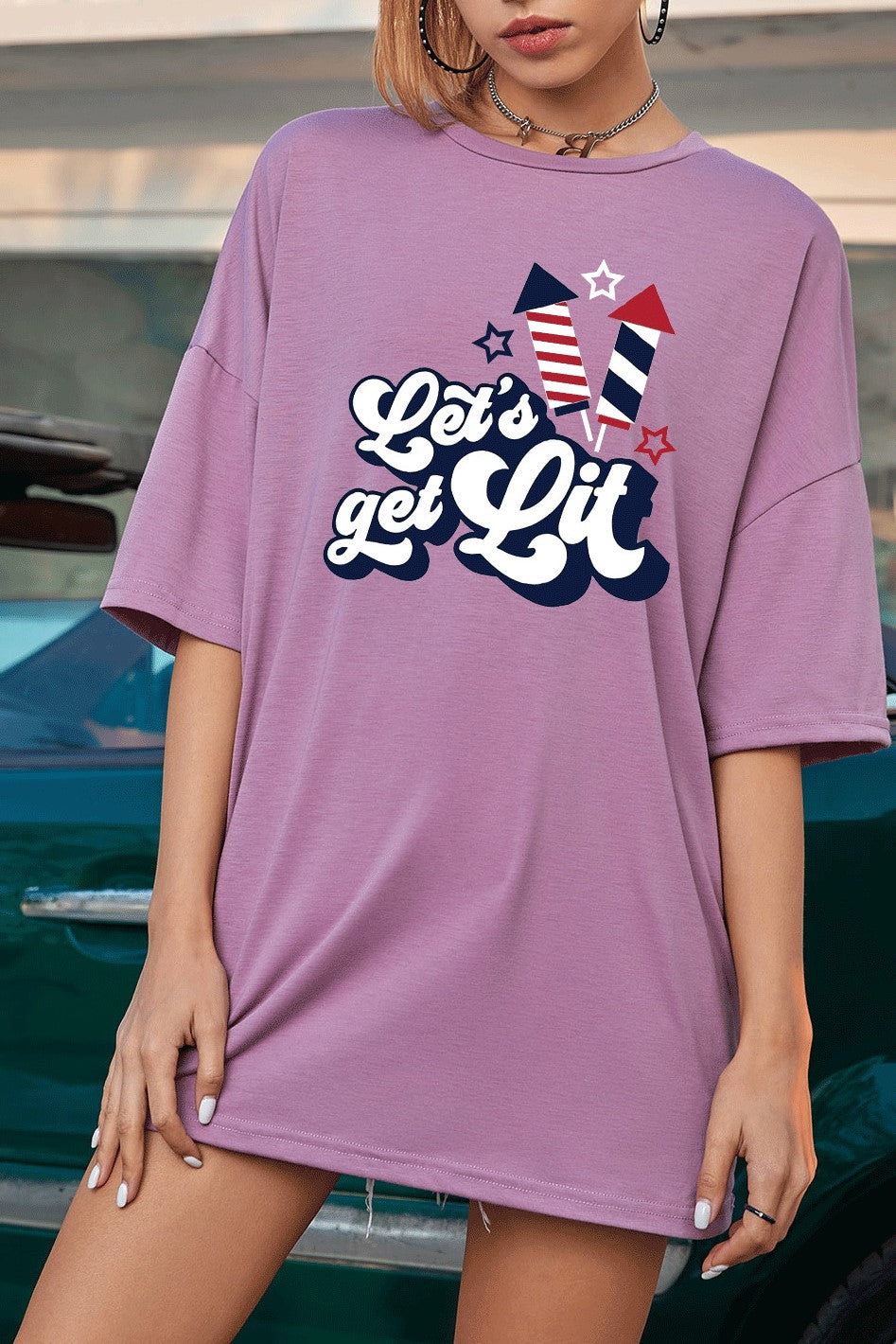 Firework Graphic Oversized Cotton Tee - Purple