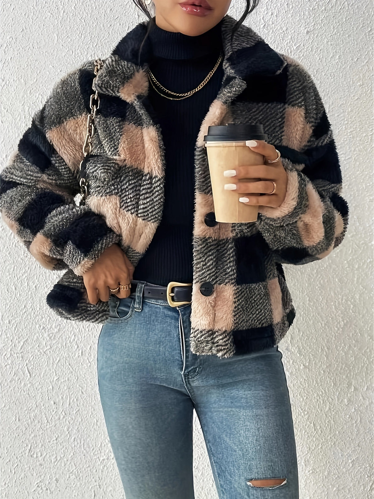 Plaid Plush Cropped Button Front Jacket - Black