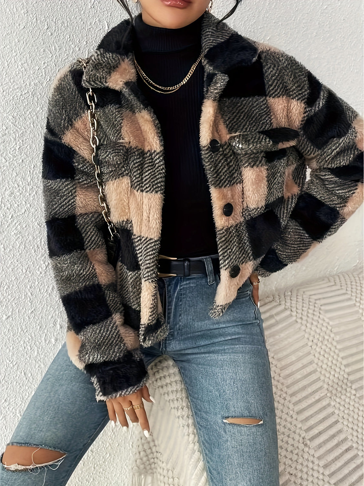 Plaid Plush Cropped Button Front Jacket - Black - 1