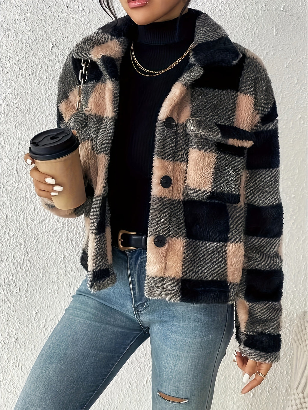 Plaid Plush Cropped Button Front Jacket - Black - 2