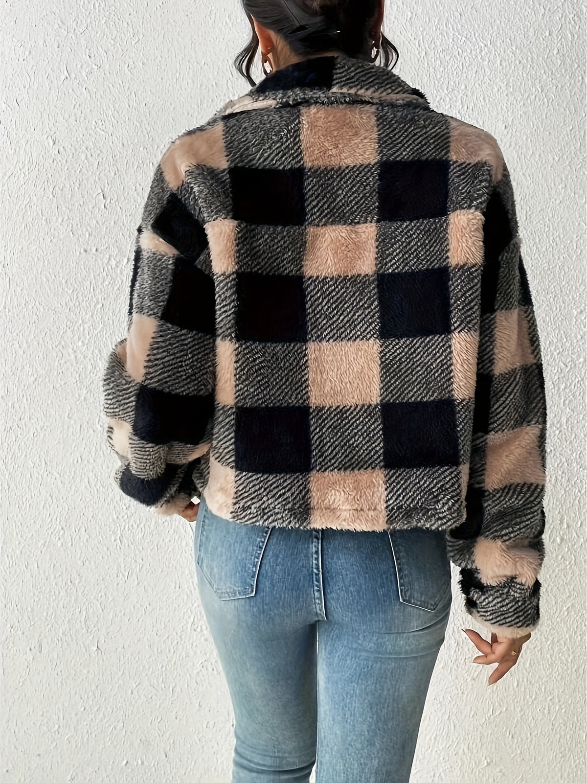 Plaid Plush Cropped Button Front Jacket - Black - 3