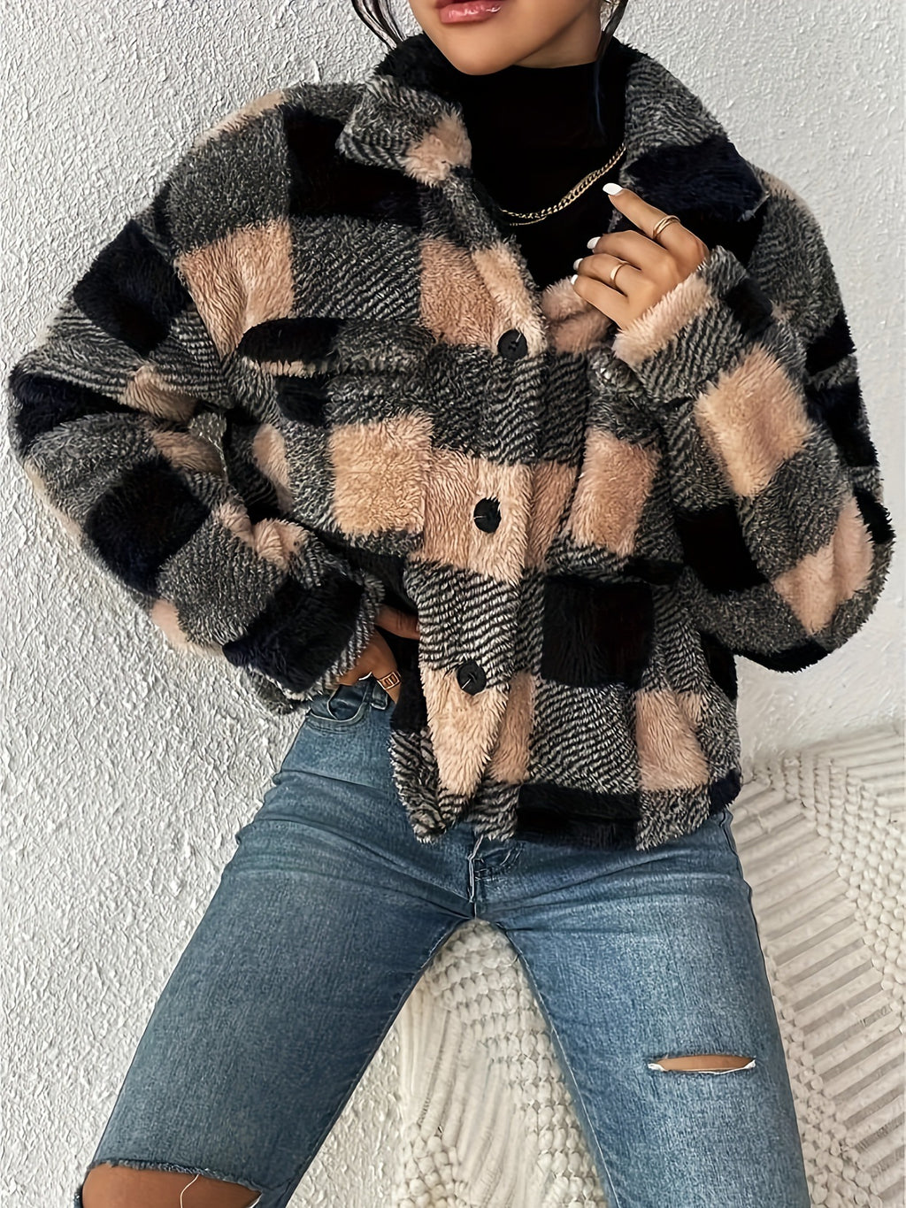 Plaid Plush Cropped Button Front Jacket - view 1