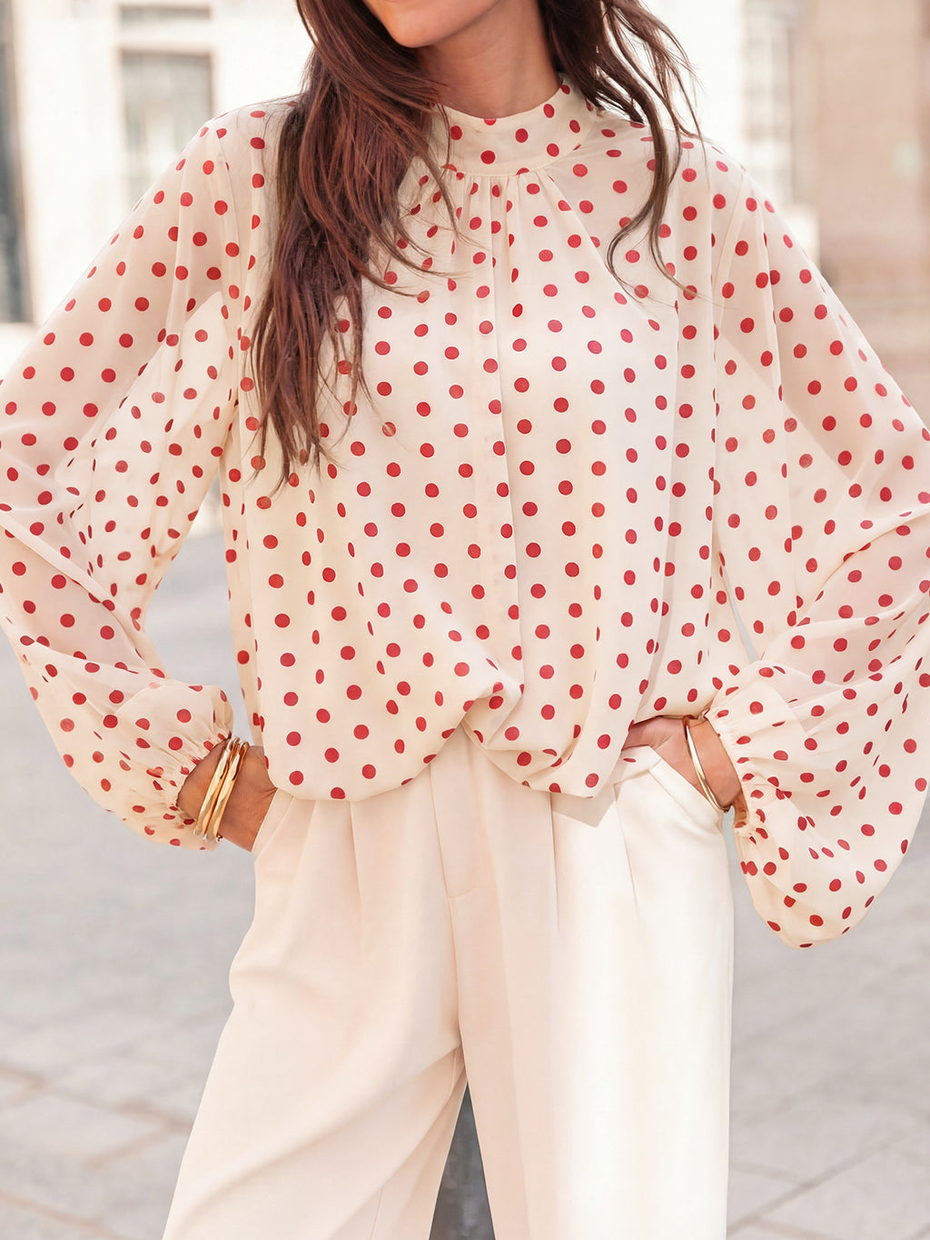 Sheer Polka Dot Balloon Sleeve Mock Neck Blouse - Beige