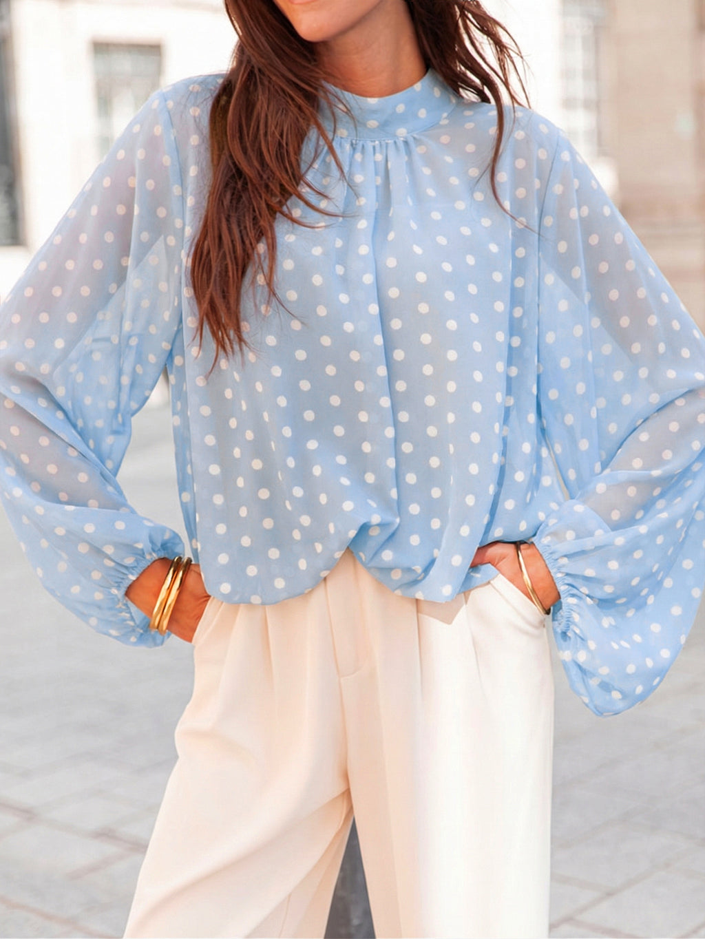 Sheer Polka Dot Balloon Sleeve Mock Neck Blouse - Blue