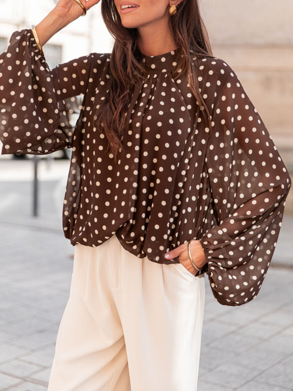 Sheer Polka Dot Balloon Sleeve Mock Neck Blouse - Brown
