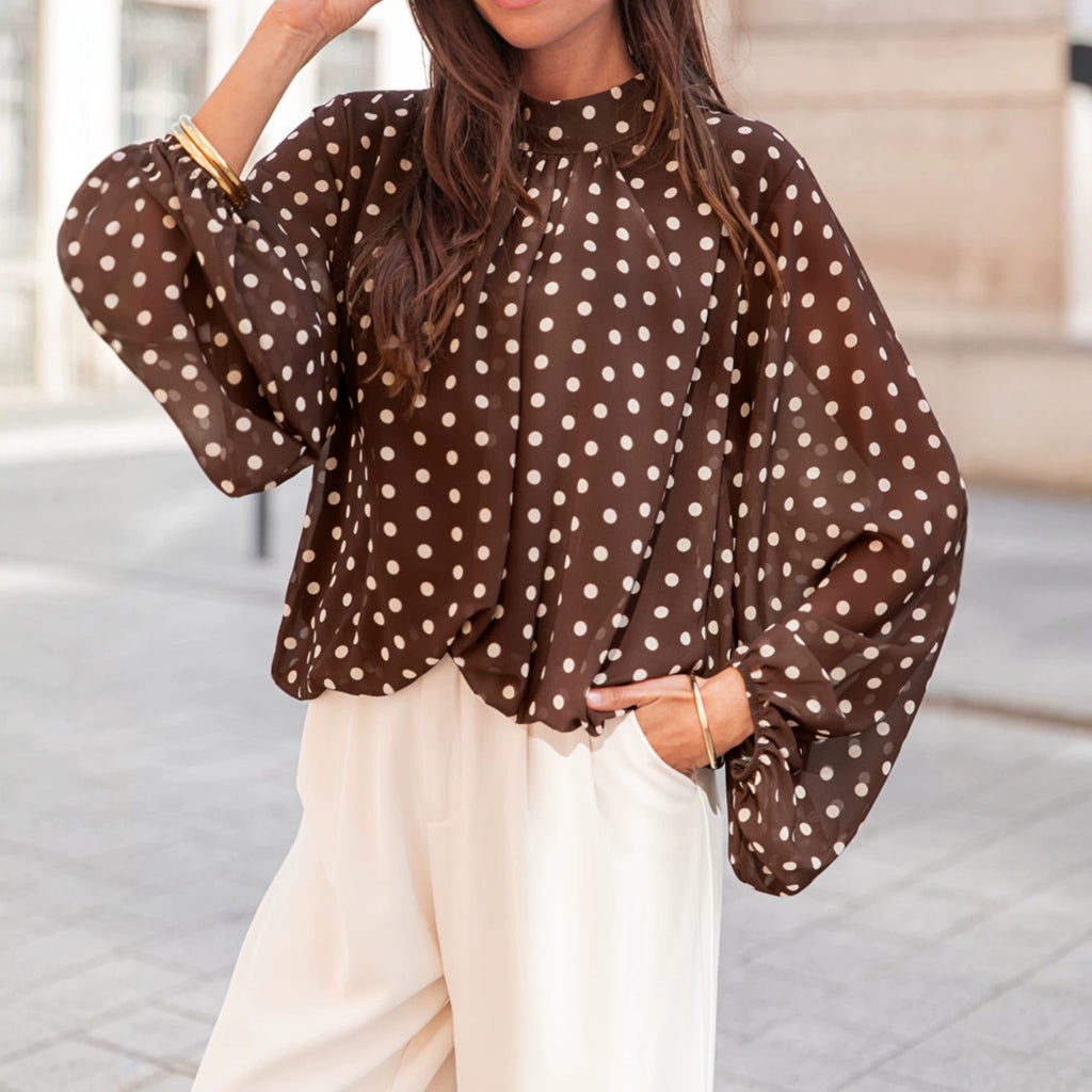 Sheer Polka Dot Balloon Sleeve Mock Neck Blouse - Brown - 1
