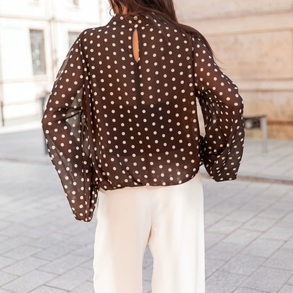 Sheer Polka Dot Balloon Sleeve Mock Neck Blouse - Brown - 2