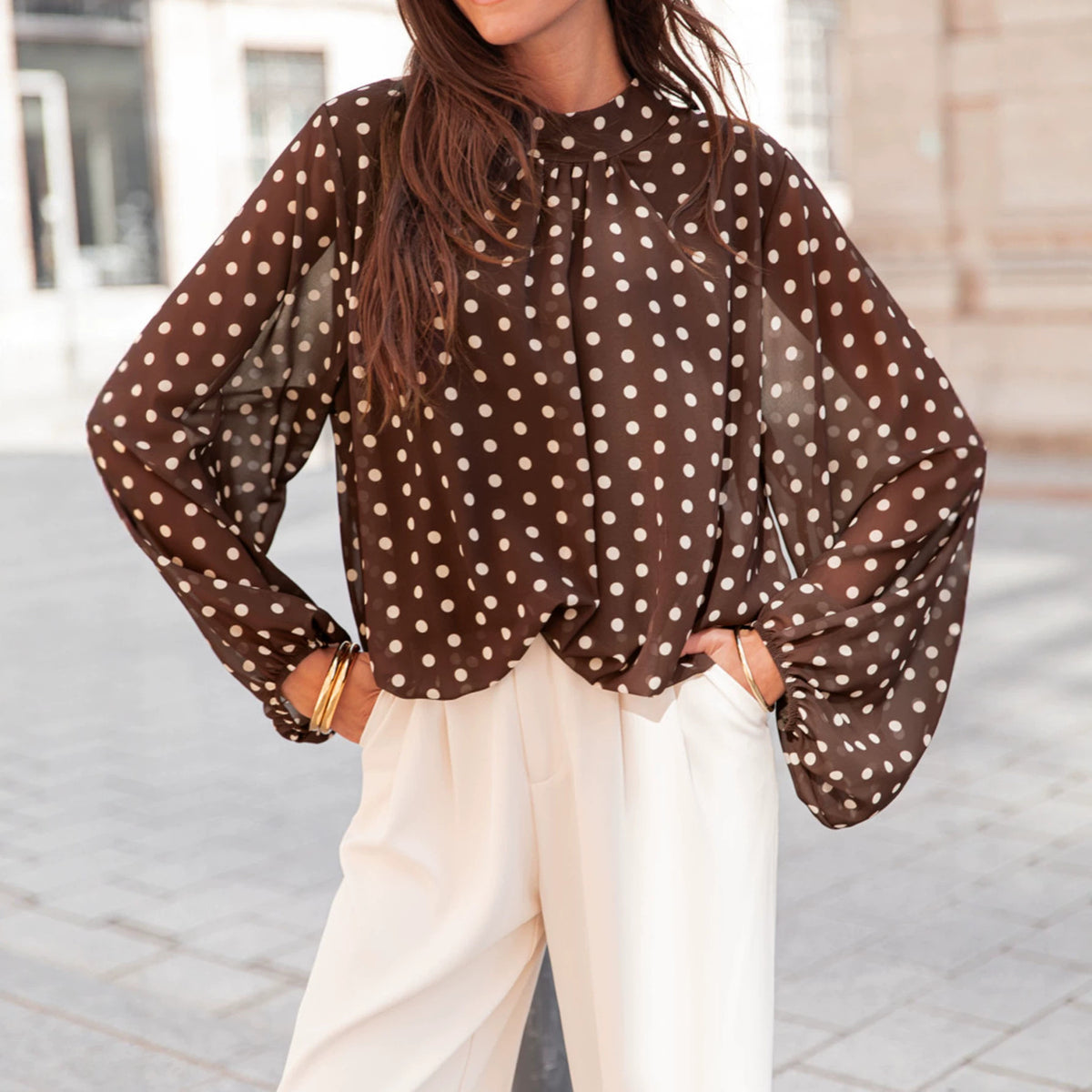 Sheer Polka Dot Balloon Sleeve Mock Neck Blouse - Brown - 3