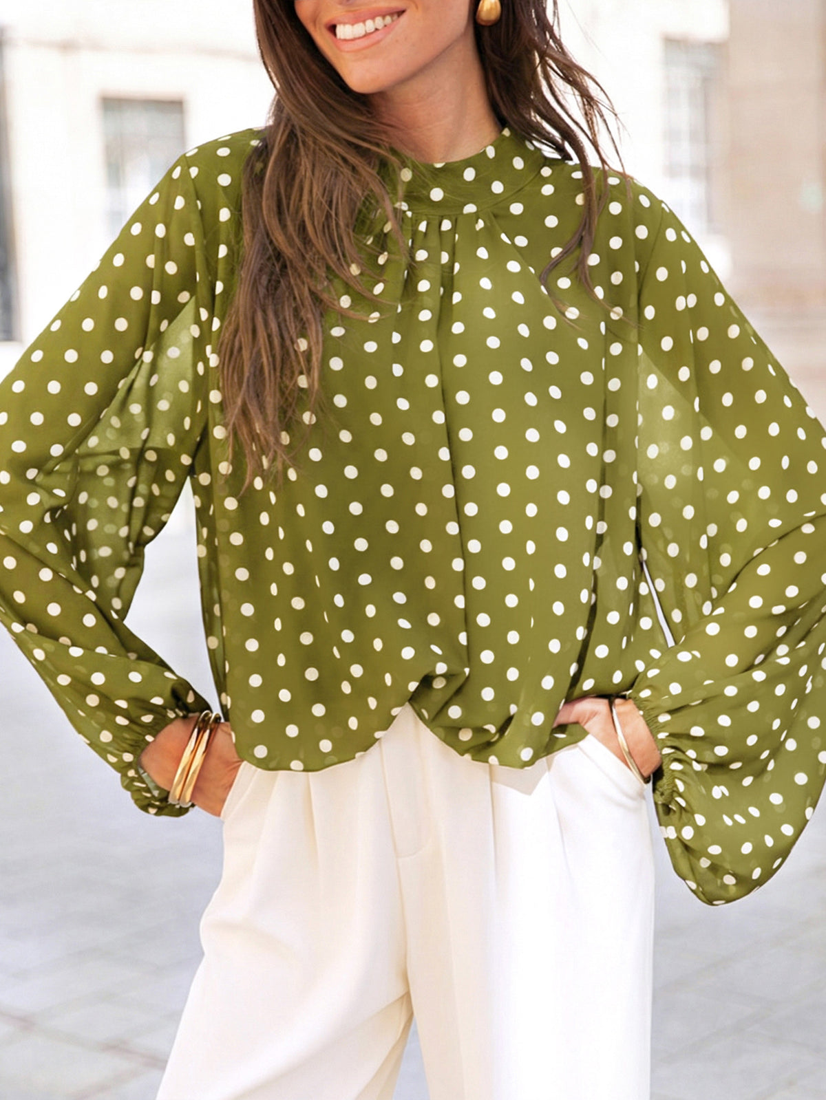 Sheer Polka Dot Balloon Sleeve Mock Neck Blouse - Green