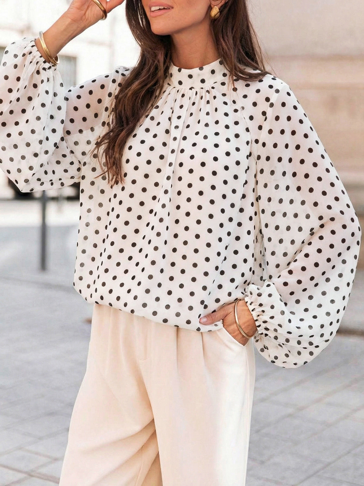 Sheer Polka Dot Balloon Sleeve Mock Neck Blouse - White