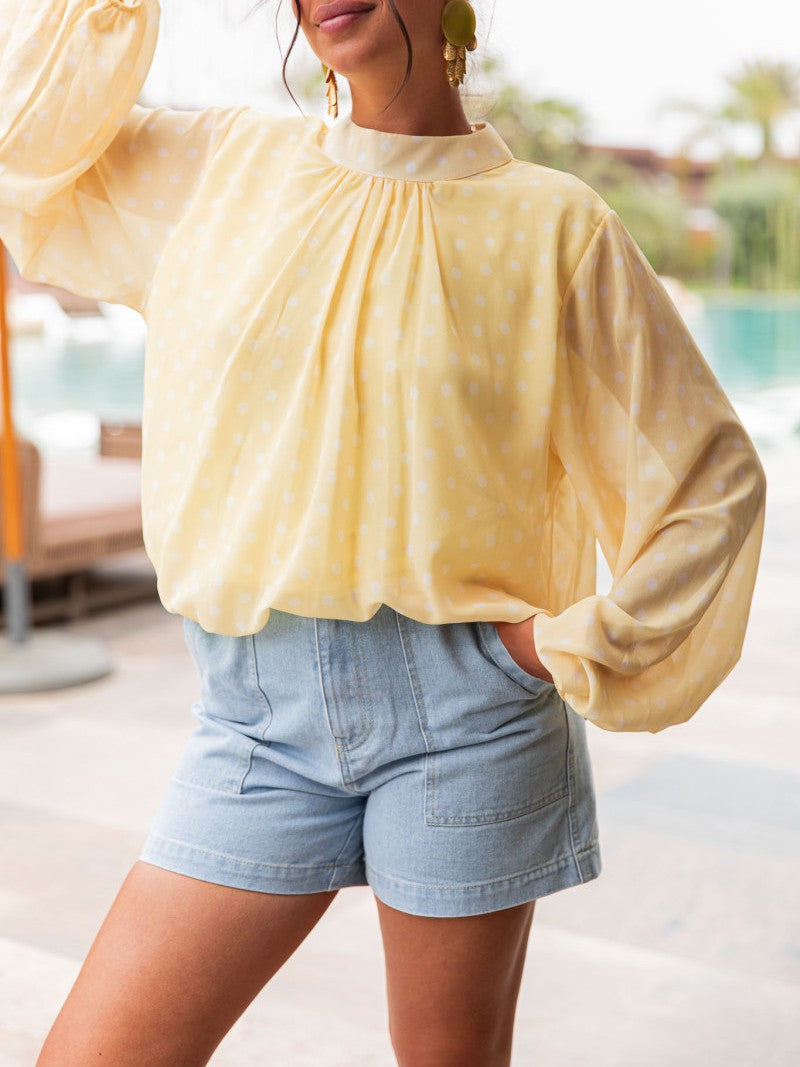 Sheer Polka Dot Balloon Sleeve Mock Neck Blouse - Yellow