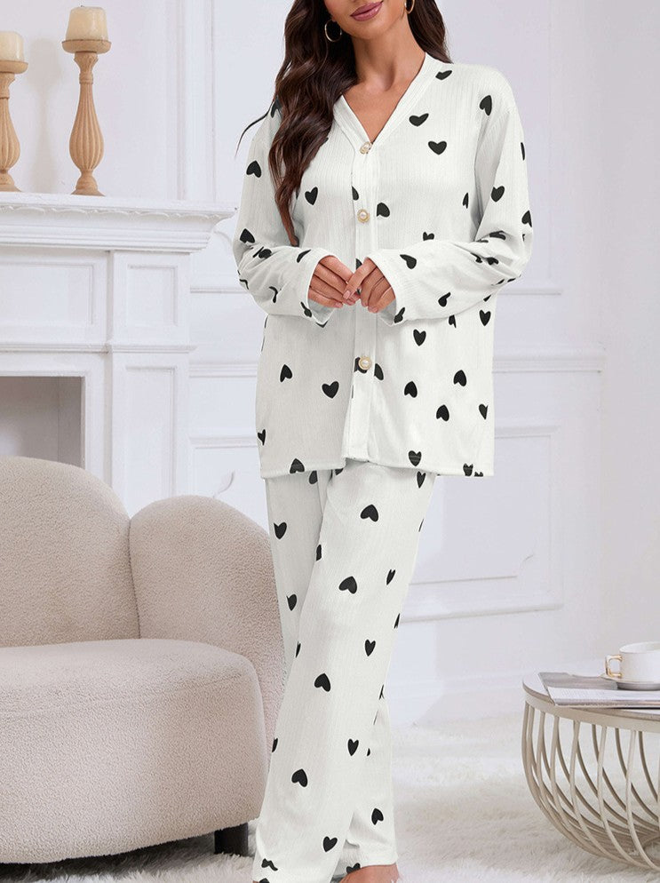 Heart Print V Neck Long Sleeve Pajama Set - Black